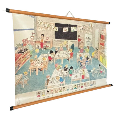 Zeldzame vintage schoolkaart 'De Leessleutel' van Malmberg met illustratie van klaslokaal door The Tjong Khing  jaren 80 wandkaart