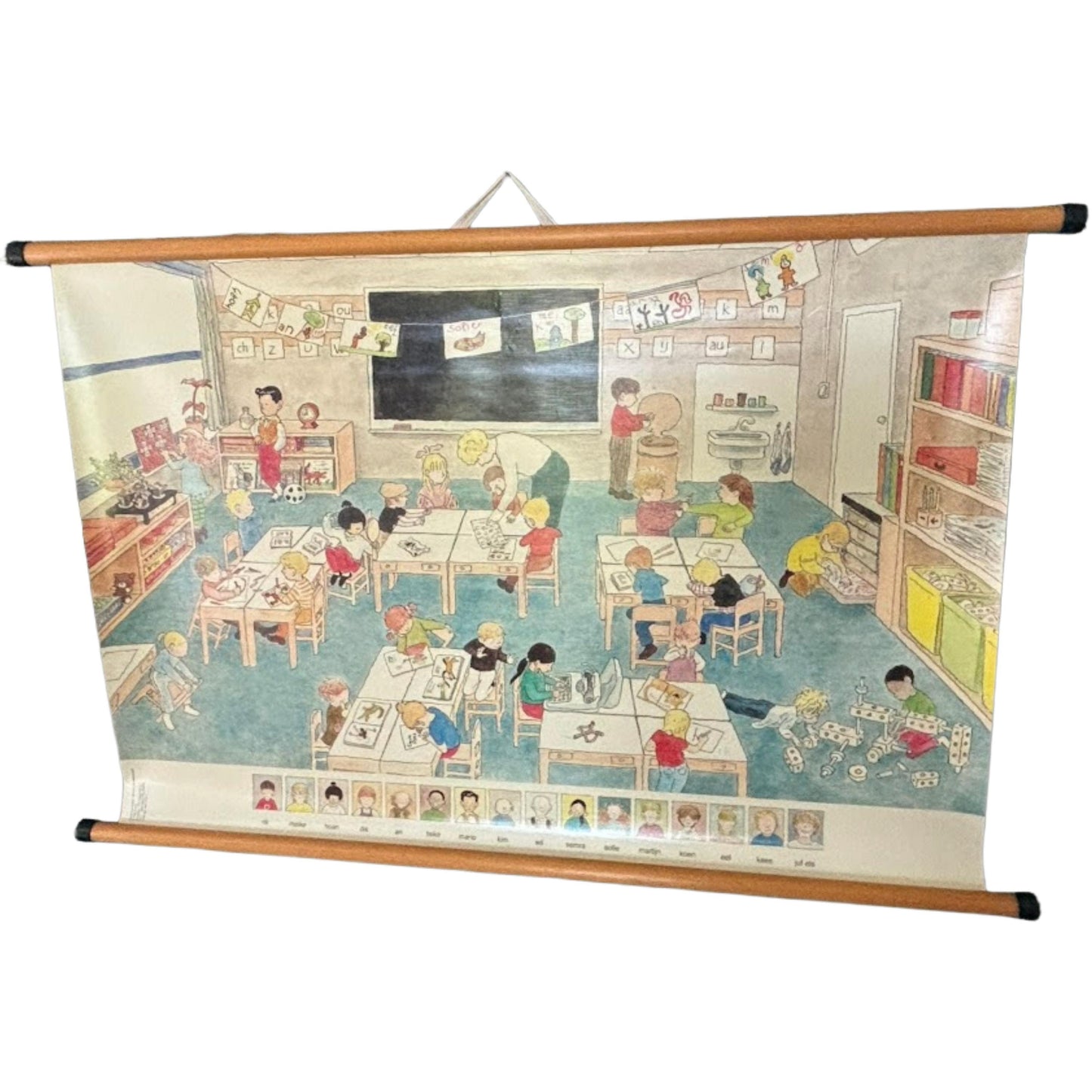 Zeldzame vintage schoolkaart 'De Leessleutel' van Malmberg met illustratie van klaslokaal door The Tjong Khing  jaren 80 wandkaart
