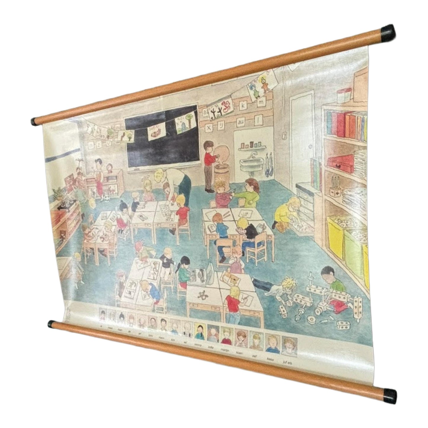 Zeldzame vintage schoolkaart 'De Leessleutel' van Malmberg met illustratie van klaslokaal door The Tjong Khing  jaren 80 wandkaart