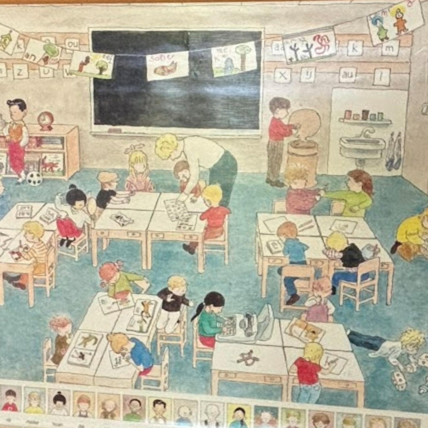 Zeldzame vintage schoolkaart 'De Leessleutel' van Malmberg met illustratie van klaslokaal door The Tjong Khing  jaren 80 wandkaart