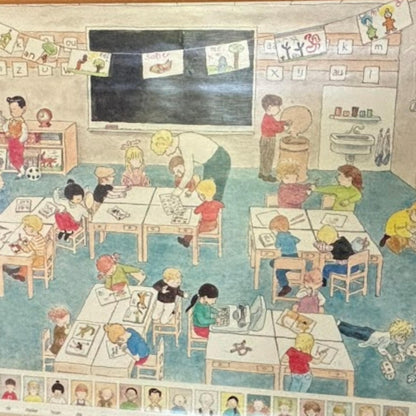 Zeldzame vintage schoolkaart 'De Leessleutel' van Malmberg met illustratie van klaslokaal door The Tjong Khing  jaren 80 wandkaart