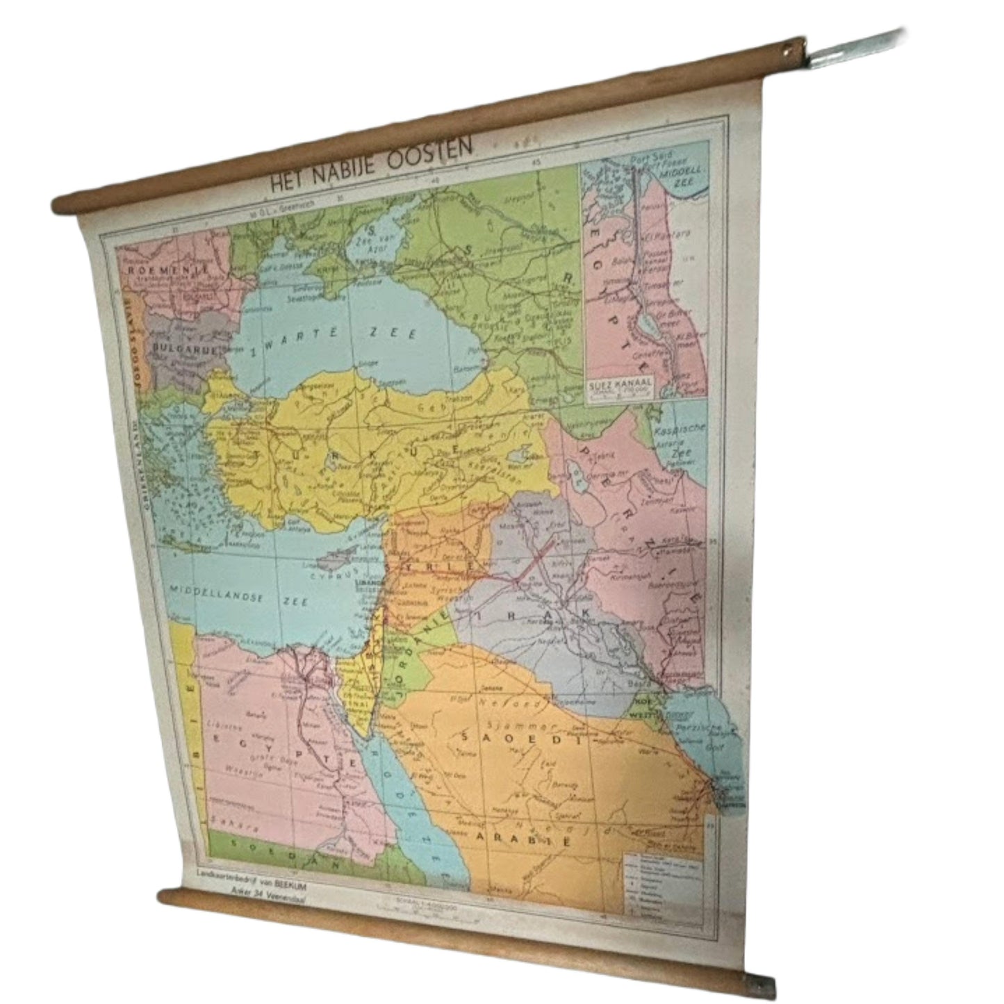 Vintage schoolwandkaart Het Nabije Oosten ca. 1970 | Educatieve kaart geopolitiek Midden-Oosten | Canvas poster Van Beekum Veenendaal