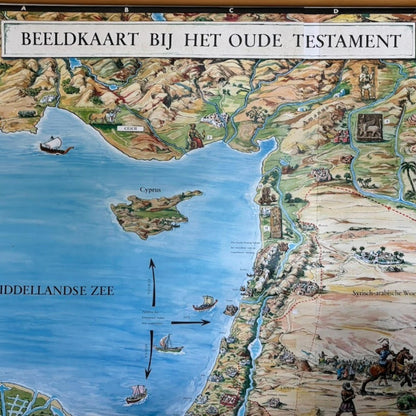 Zeldzame XXL Bijbelse wandkaart “Beeldkaart bij het Oude Testament ca. 1950  met 26 Bijbelverhalen en inzetkaart de 12 stammen van Israël