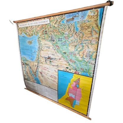 Zeldzame XXL Bijbelse wandkaart “Beeldkaart bij het Oude Testament ca. 1950  met 26 Bijbelverhalen en inzetkaart de 12 stammen van Israël