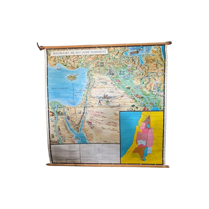 Zeldzame XXL Bijbelse wandkaart “Beeldkaart bij het Oude Testament ca. 1950  met 26 Bijbelverhalen en inzetkaart de 12 stammen van Israël