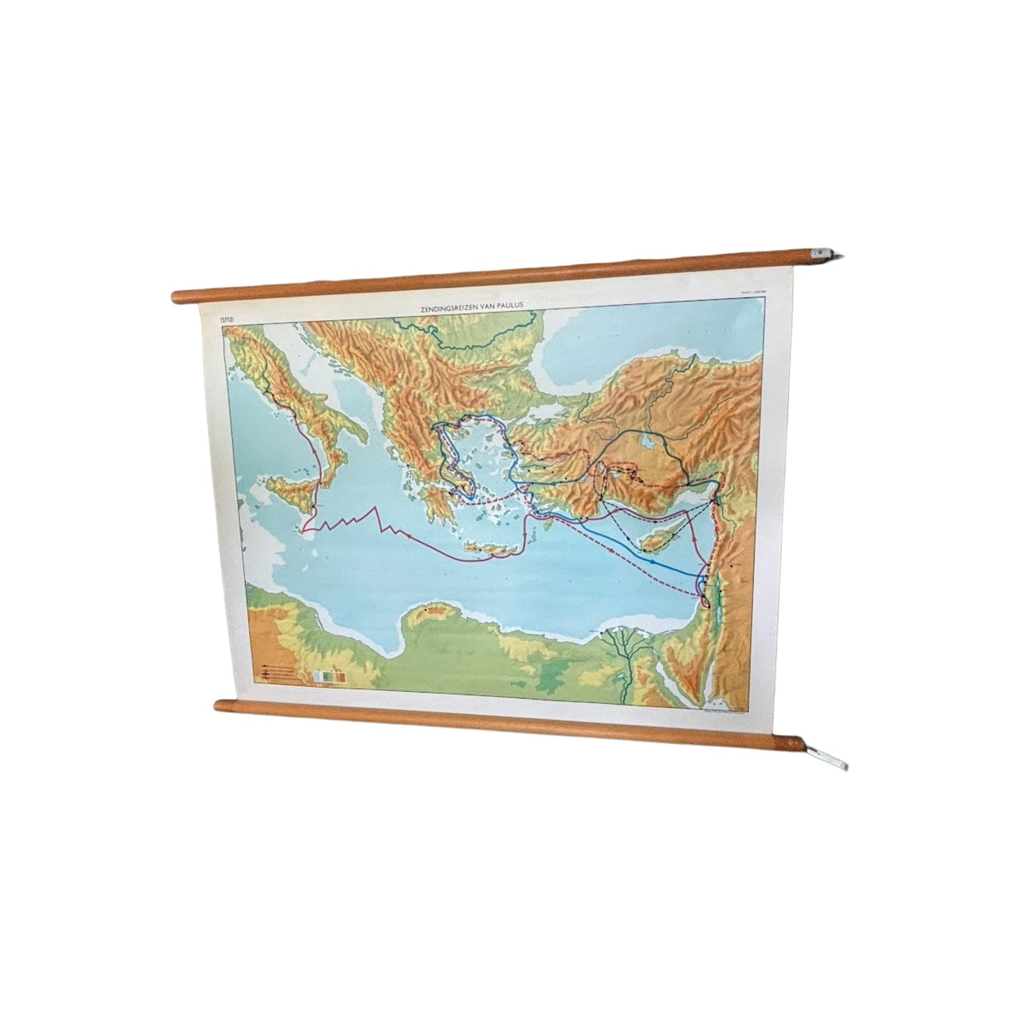 Vintage educatieve wandkaart ‘Zendingsreizen van Paulus  Wolters-Noordhoff 1970  religieuze schoolkaart christendom  100 × 75 cm