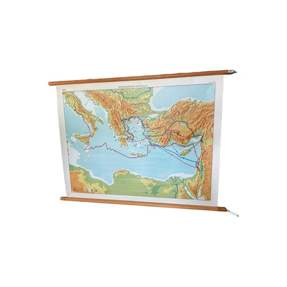 Vintage educatieve wandkaart ‘Zendingsreizen van Paulus  Wolters-Noordhoff 1970  religieuze schoolkaart christendom  100 × 75 cm