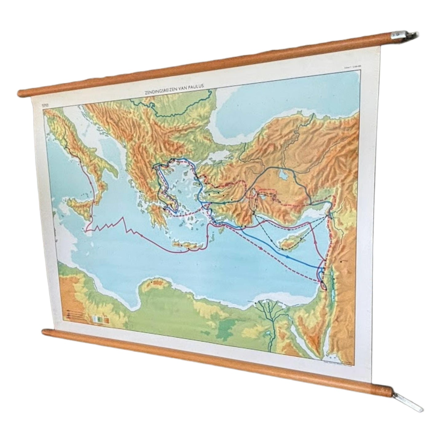 Vintage educatieve wandkaart ‘Zendingsreizen van Paulus  Wolters-Noordhoff 1970  religieuze schoolkaart christendom  100 × 75 cm