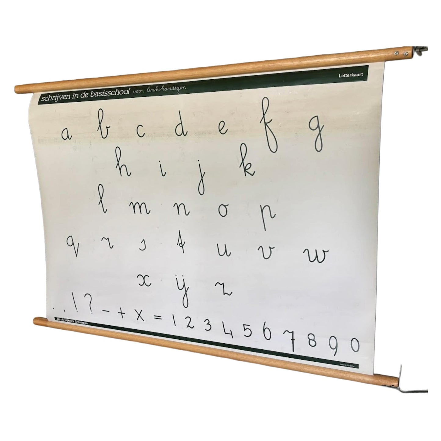 Vintage Nederlandse dubbelzijdige schoolletterkaart voor linkshandigen met alfabet, cijfers en leestekens   ca. 19801995