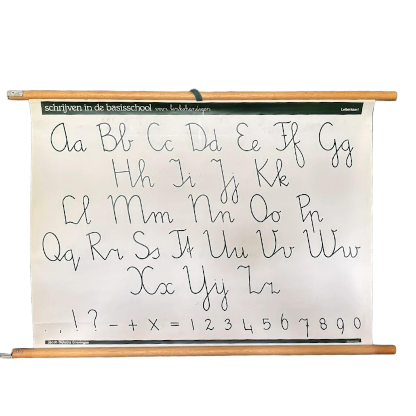Vintage Nederlandse dubbelzijdige schoolletterkaart voor linkshandigen met alfabet, cijfers en leestekens   ca. 19801995