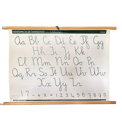 Vintage Nederlandse dubbelzijdige schoolletterkaart voor linkshandigen met alfabet, cijfers en leestekens   ca. 19801995