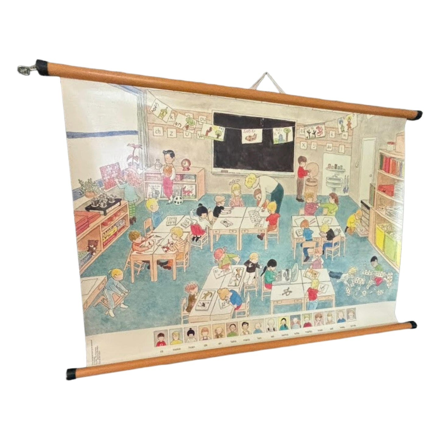 Zeldzame vintage schoolkaart 'De Leessleutel' van Malmberg met illustratie van klaslokaal door The Tjong Khing  jaren 80 wandkaart